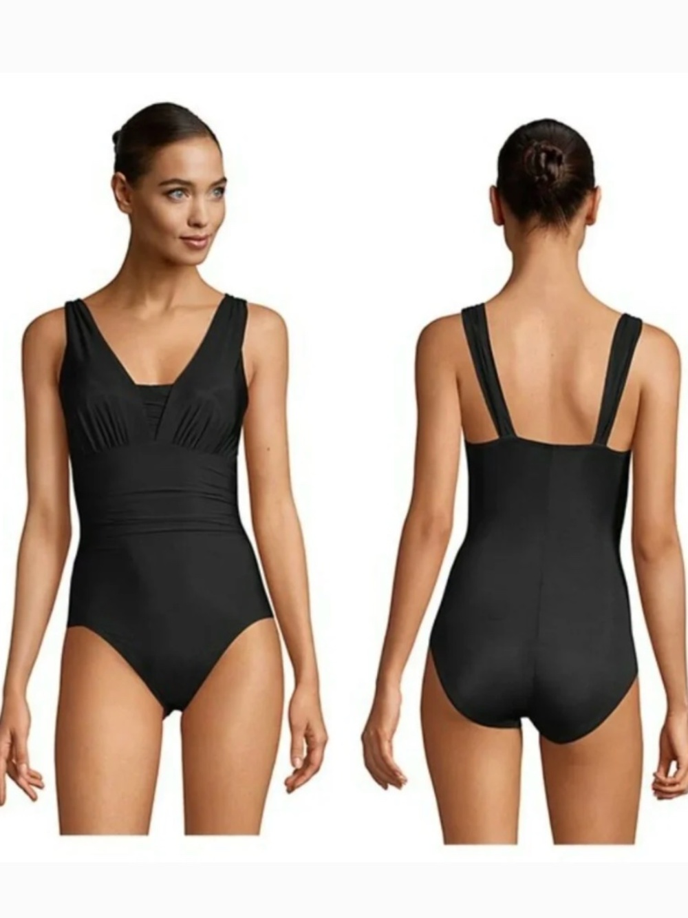 Lands End Black Slender Grecian Tummy Control One Piece Swimsuit sz 10 DD